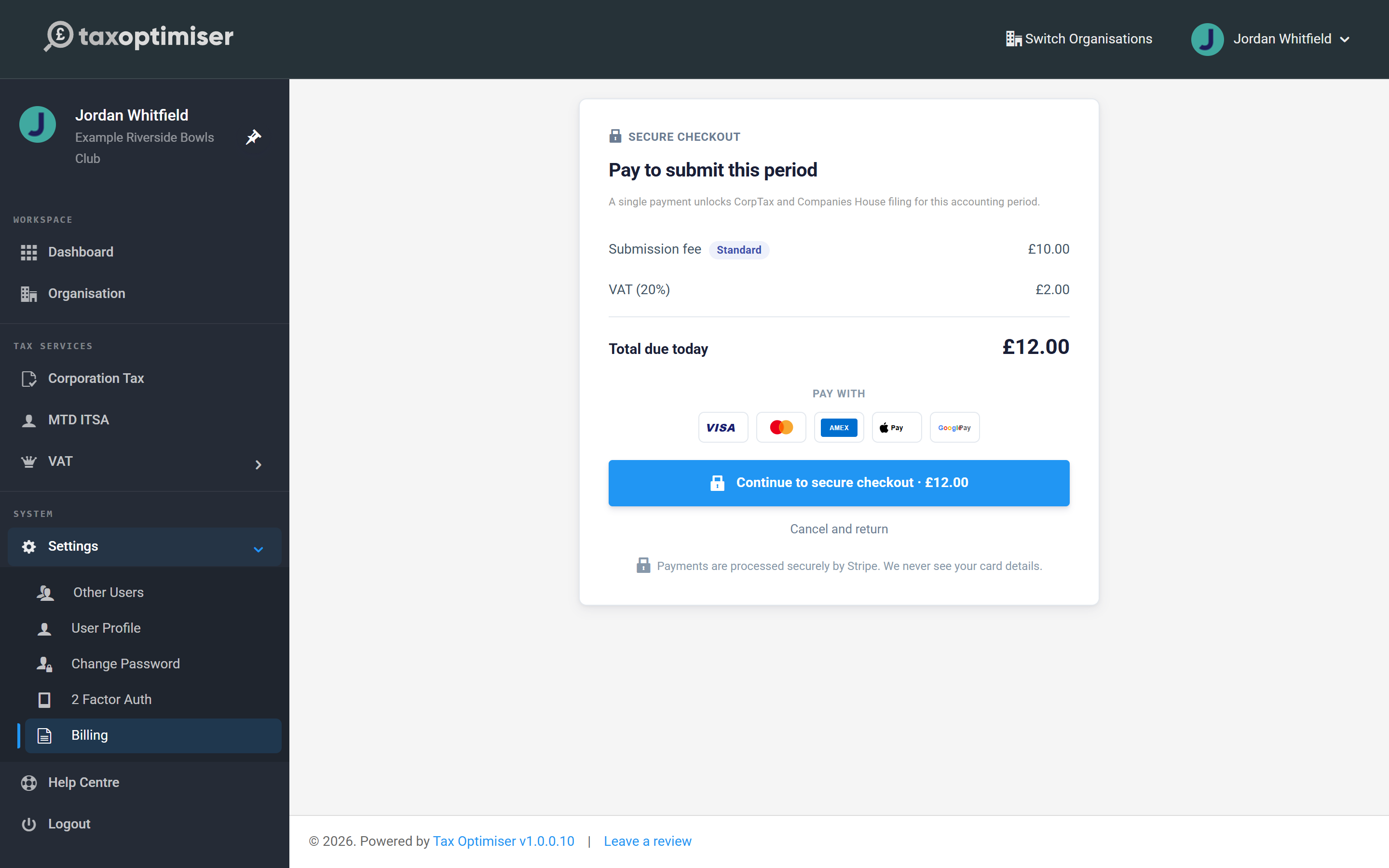 The submission payment screen