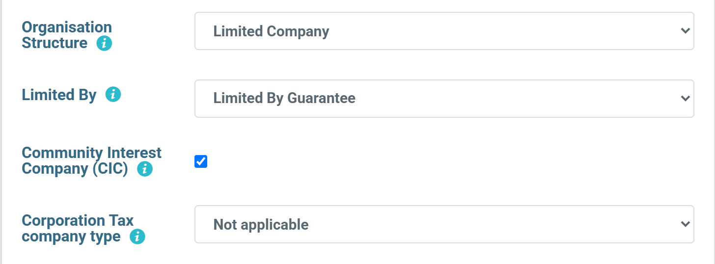 The organisation Company Details tab with Limited By set to Limited By Guarantee and the Community Interest Company box ticked