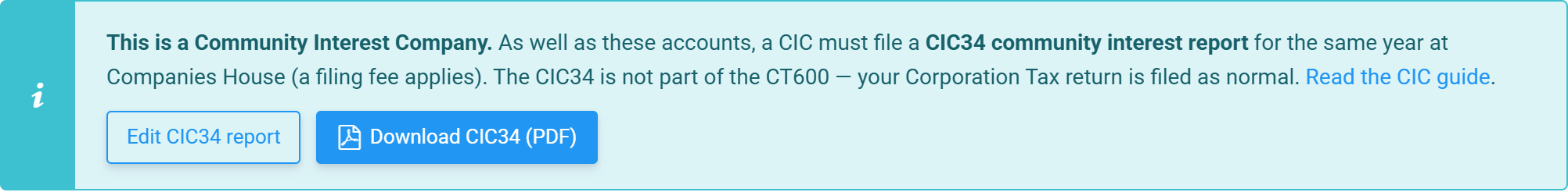The CIC notice after saving, with Edit CIC34 report and Download CIC34 (PDF) buttons