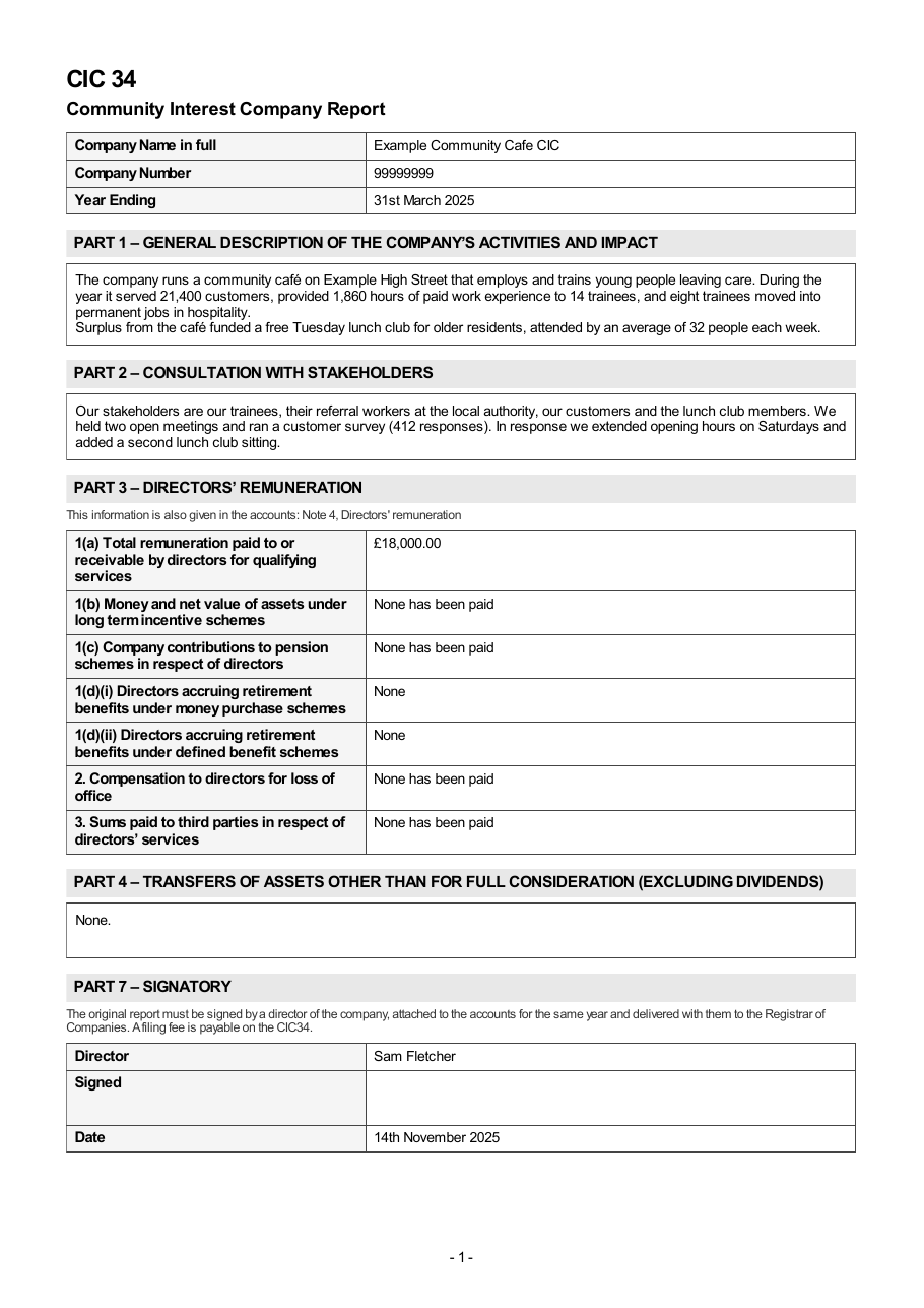 The first page of the downloaded CIC34 report for the example community cafe