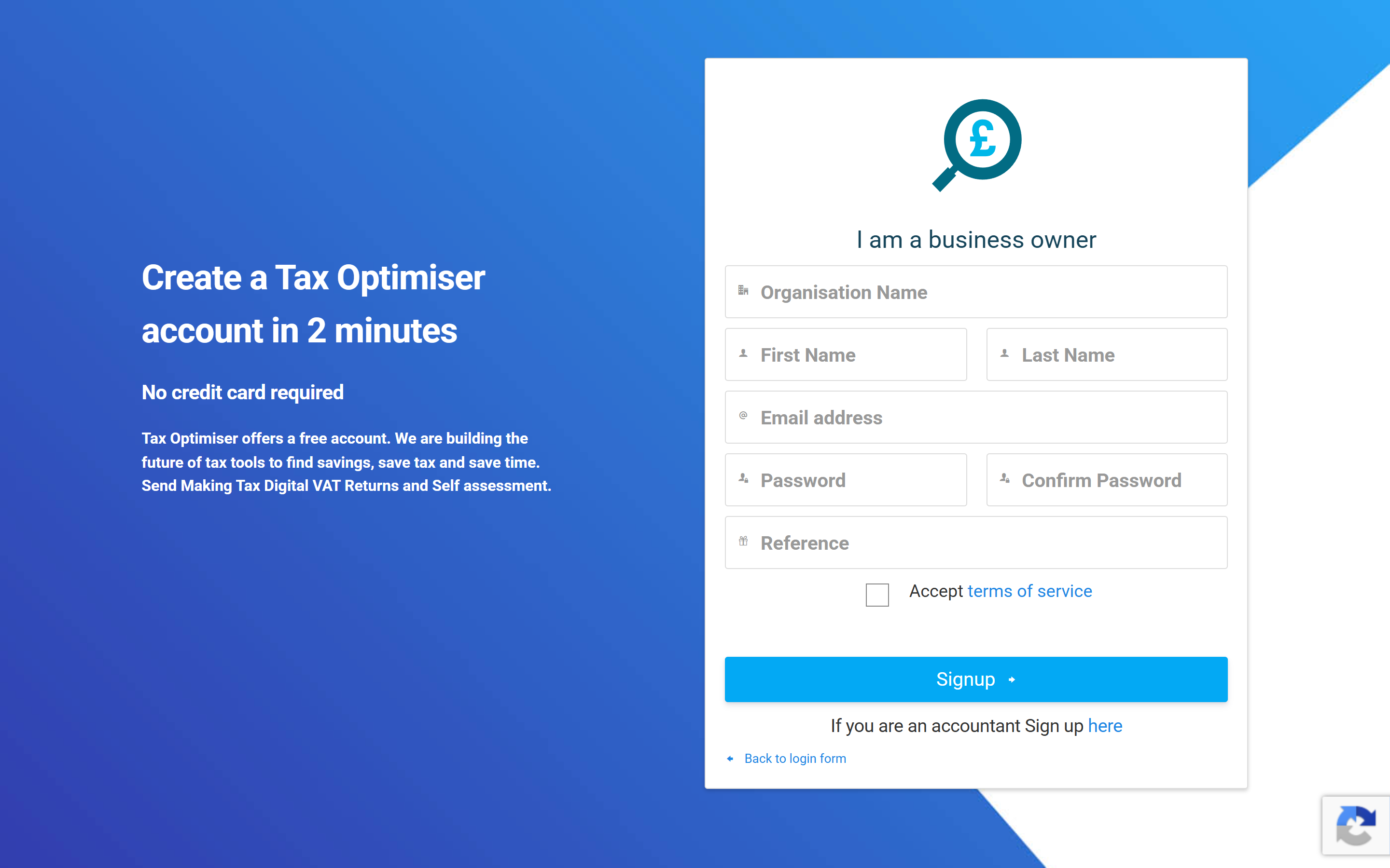The Tax Optimiser organisation sign-up form
