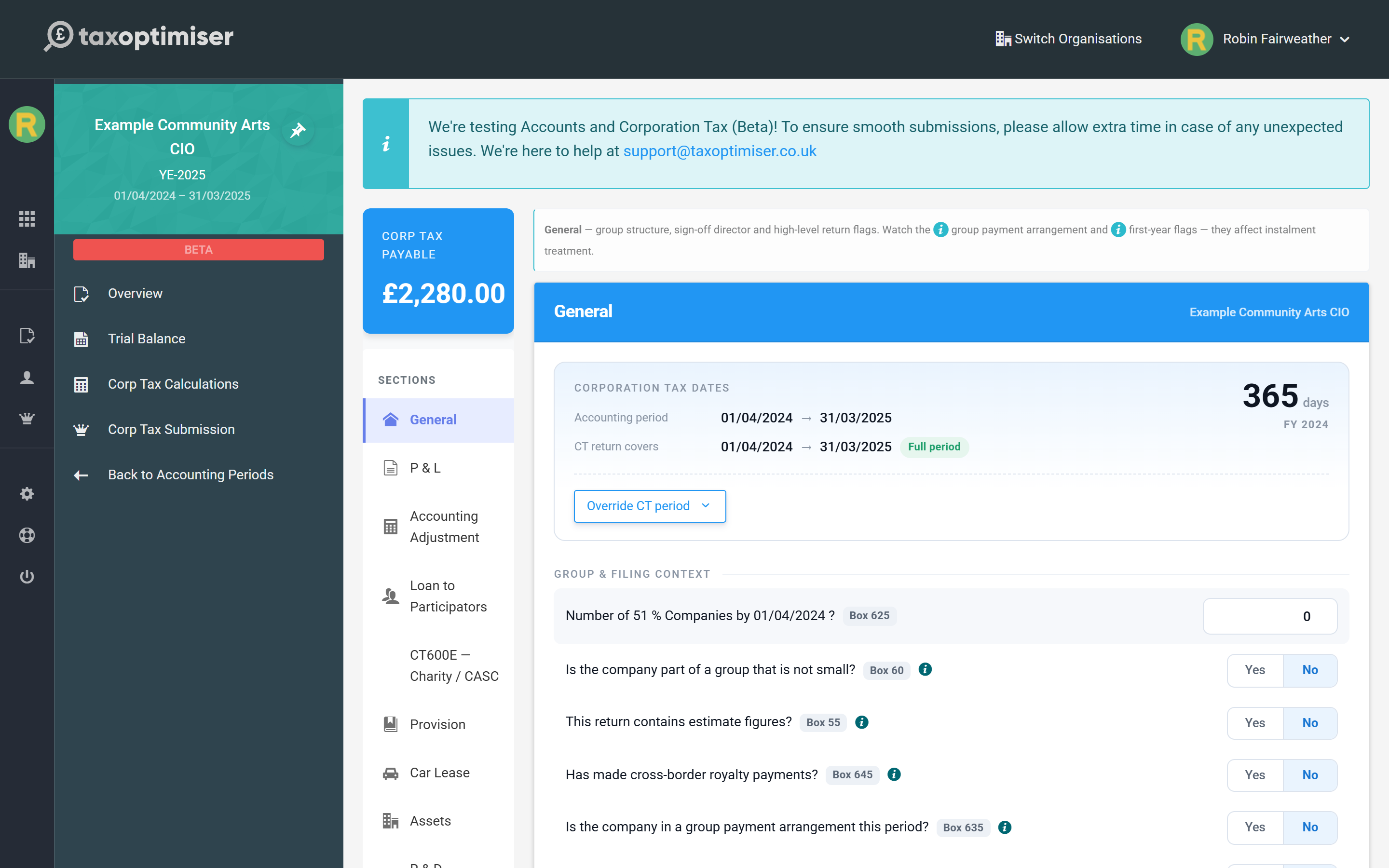 The Corp Tax Calculations screen