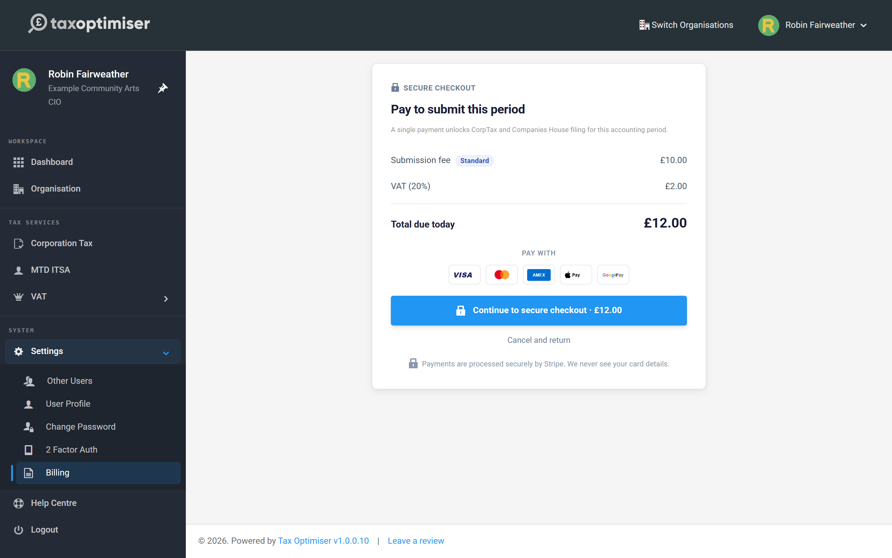 The submission payment screen