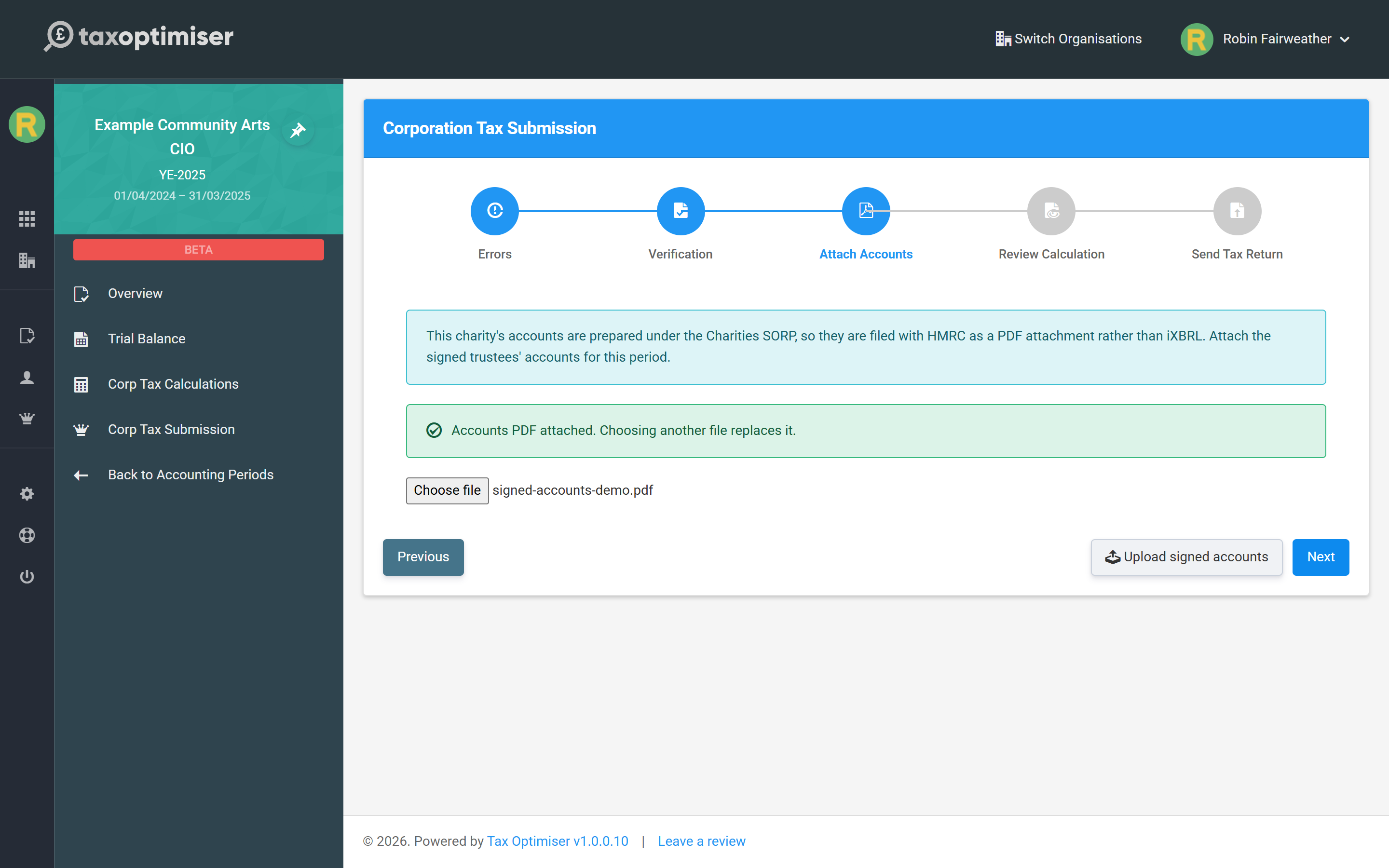 The Attach Accounts wizard step with the accounts PDF attached
