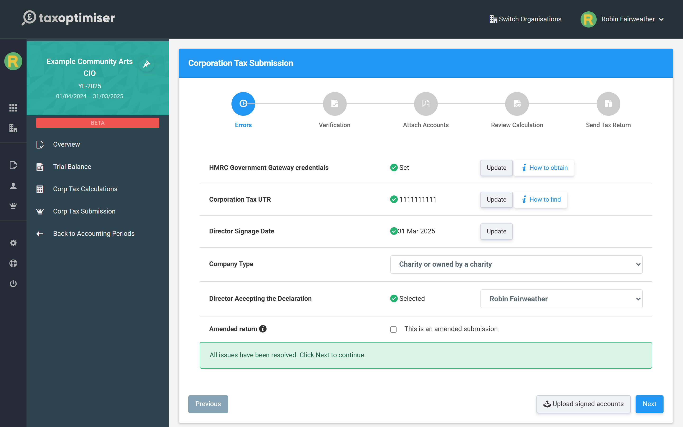 The first wizard step listing credentials, UTR, company type and the declaring officer