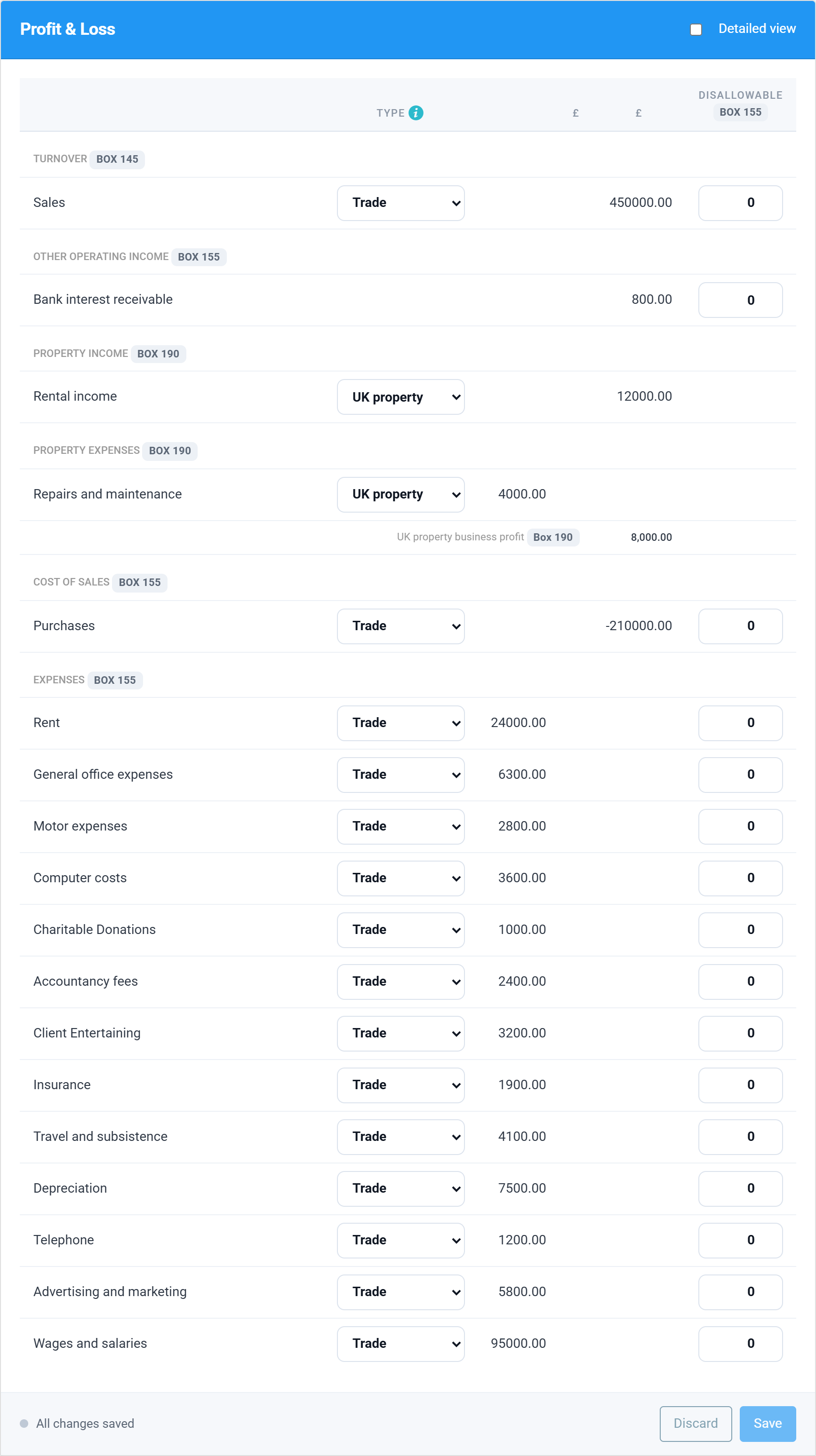 The P&L section with Rental income and Repairs and maintenance typed as UK property, grouped as property income and property expenses with the net profit beneath