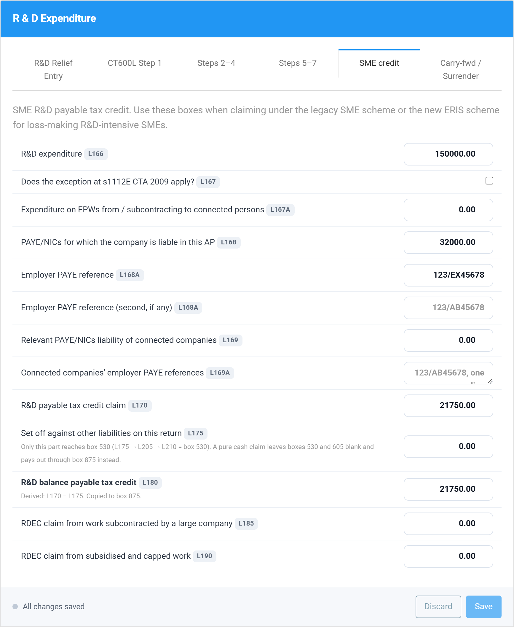 The SME credit tab of the R and D Expenditure section with R&D expenditure of 150,000, a payable tax credit claim of 21,750 and the derived balance payable in box L180 of 21,750