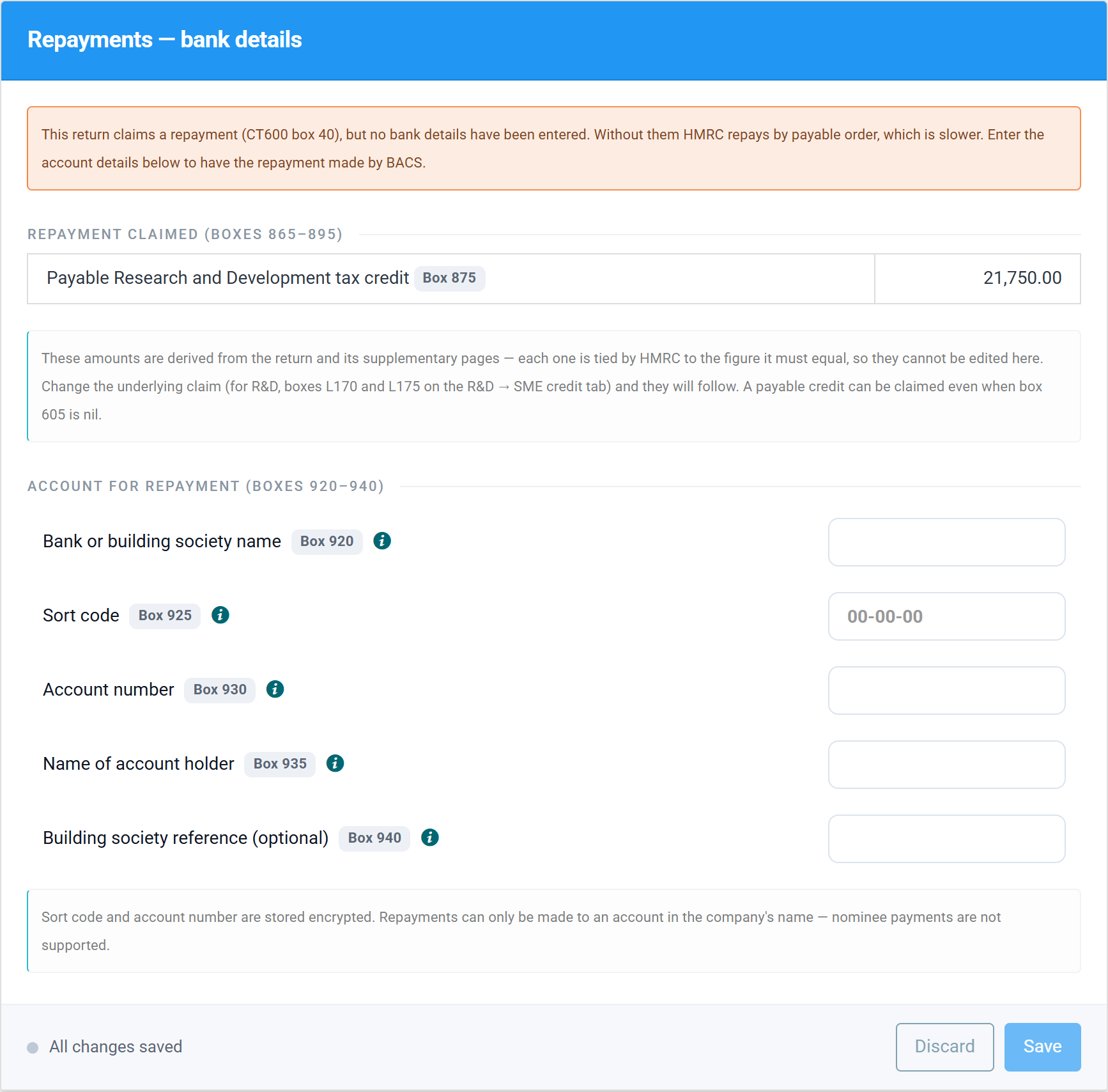 The Repayments section warning that a repayment is claimed in box 40 but no bank details have been entered, listing box 875 at 21,750.00 above empty bank detail fields