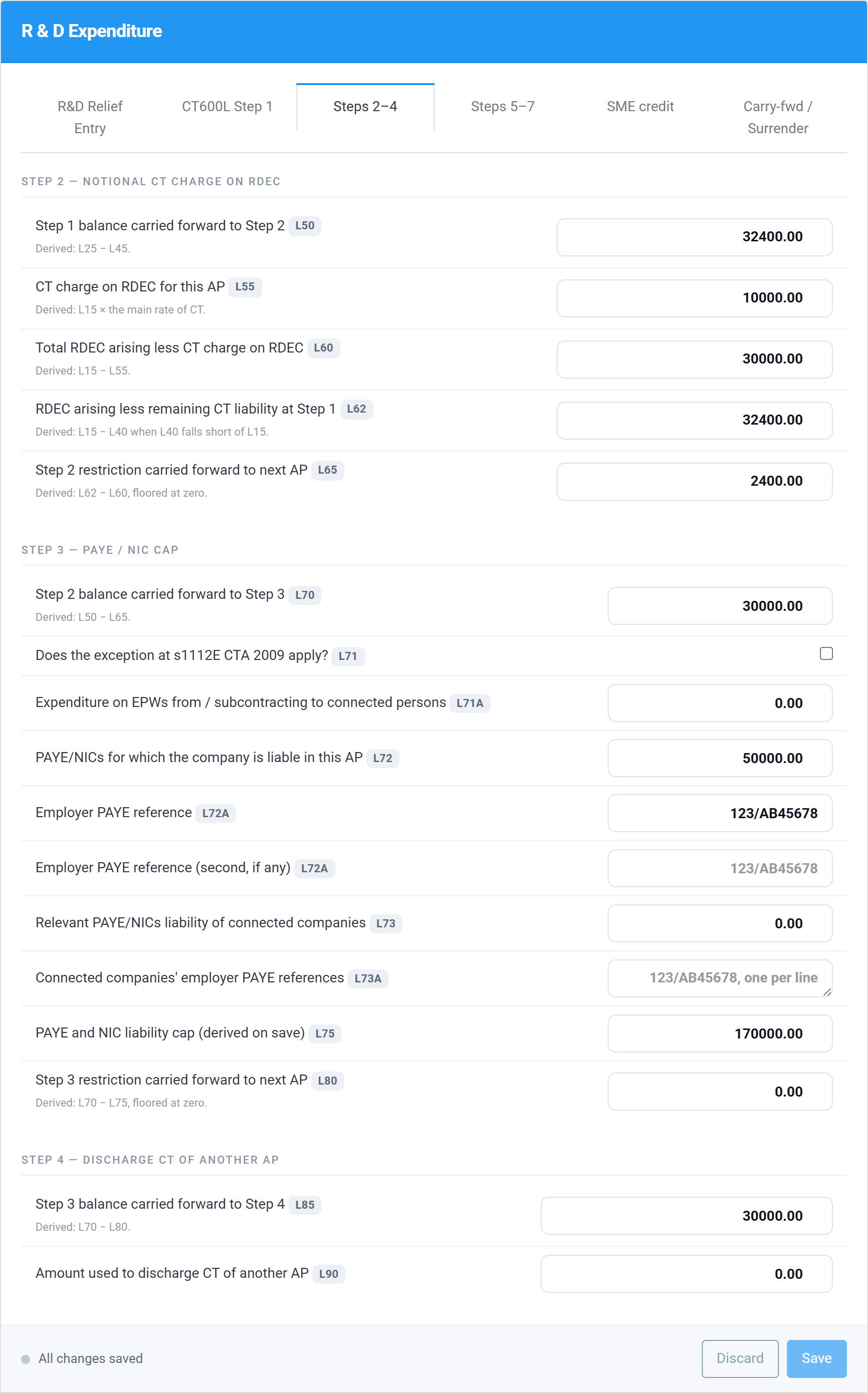 The Steps 2 to 4 tab showing the notional Corporation Tax charge in box L55, the Step 2 restriction in box L65 and the PAYE and NIC cap in box L75