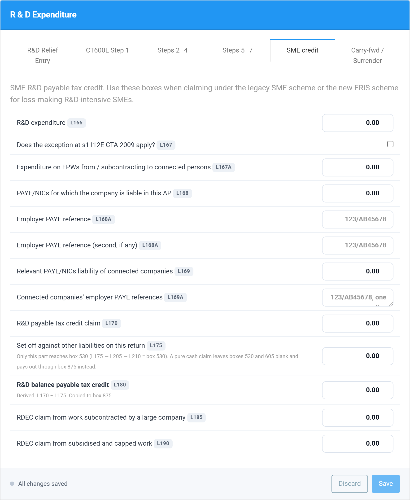 The SME credit tab with boxes L166 to L190 for an ERIS or SME payable R and D tax credit claim
