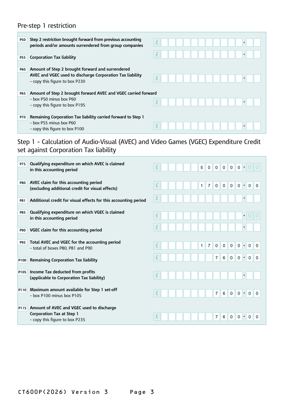 Page 3 of the completed CT600P: Pre-step 1 and Step 1, with 7,600 of AVEC used to discharge Corporation Tax