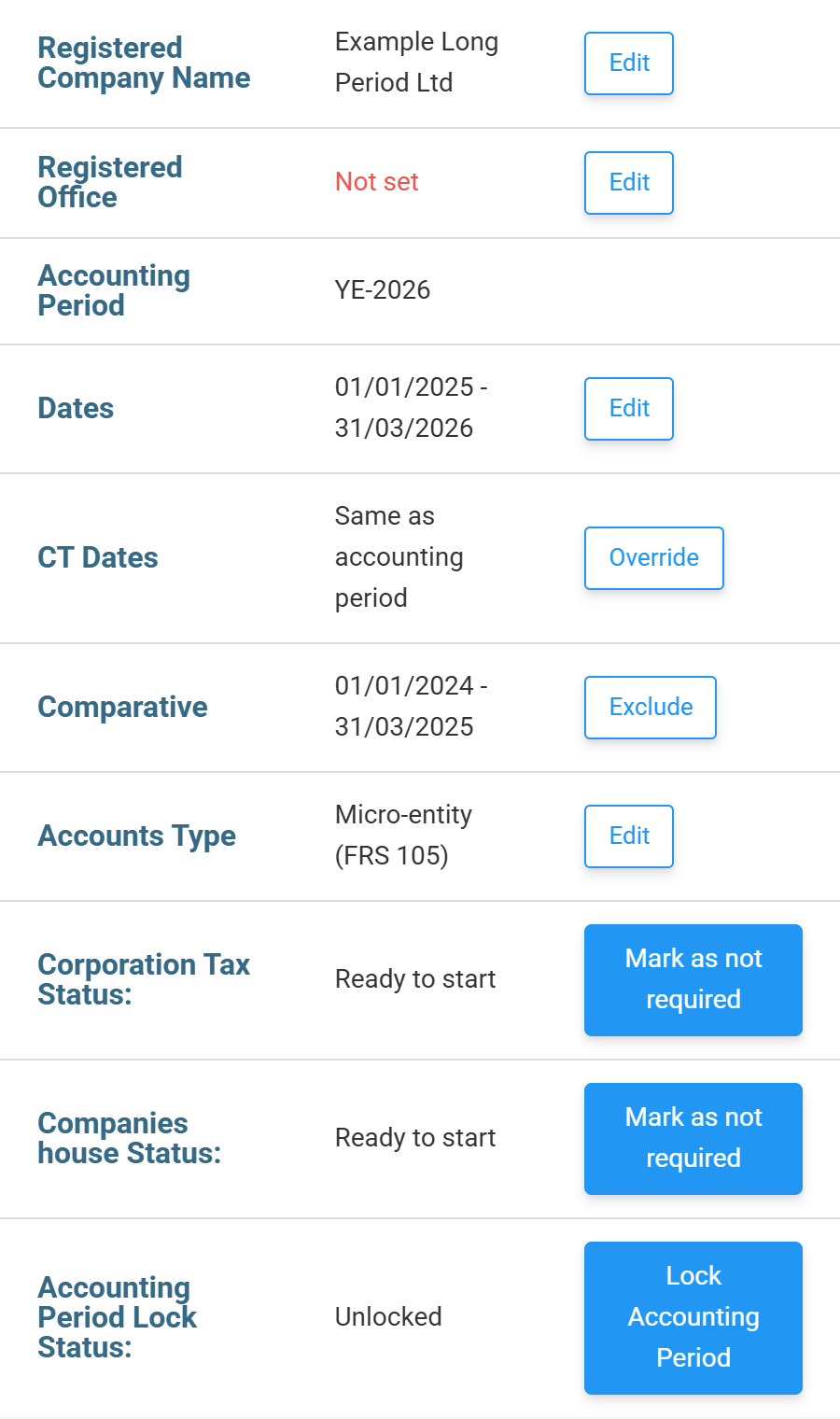 The accounting period overview for a 15-month period from 01/01/2025 to 31/03/2026, with CT Dates showing Same as accounting period and an Override button