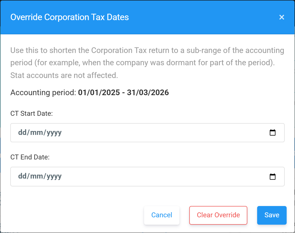 The Override Corporation Tax Dates dialog with CT Start Date and CT End Date fields and Cancel, Clear Override and Save buttons