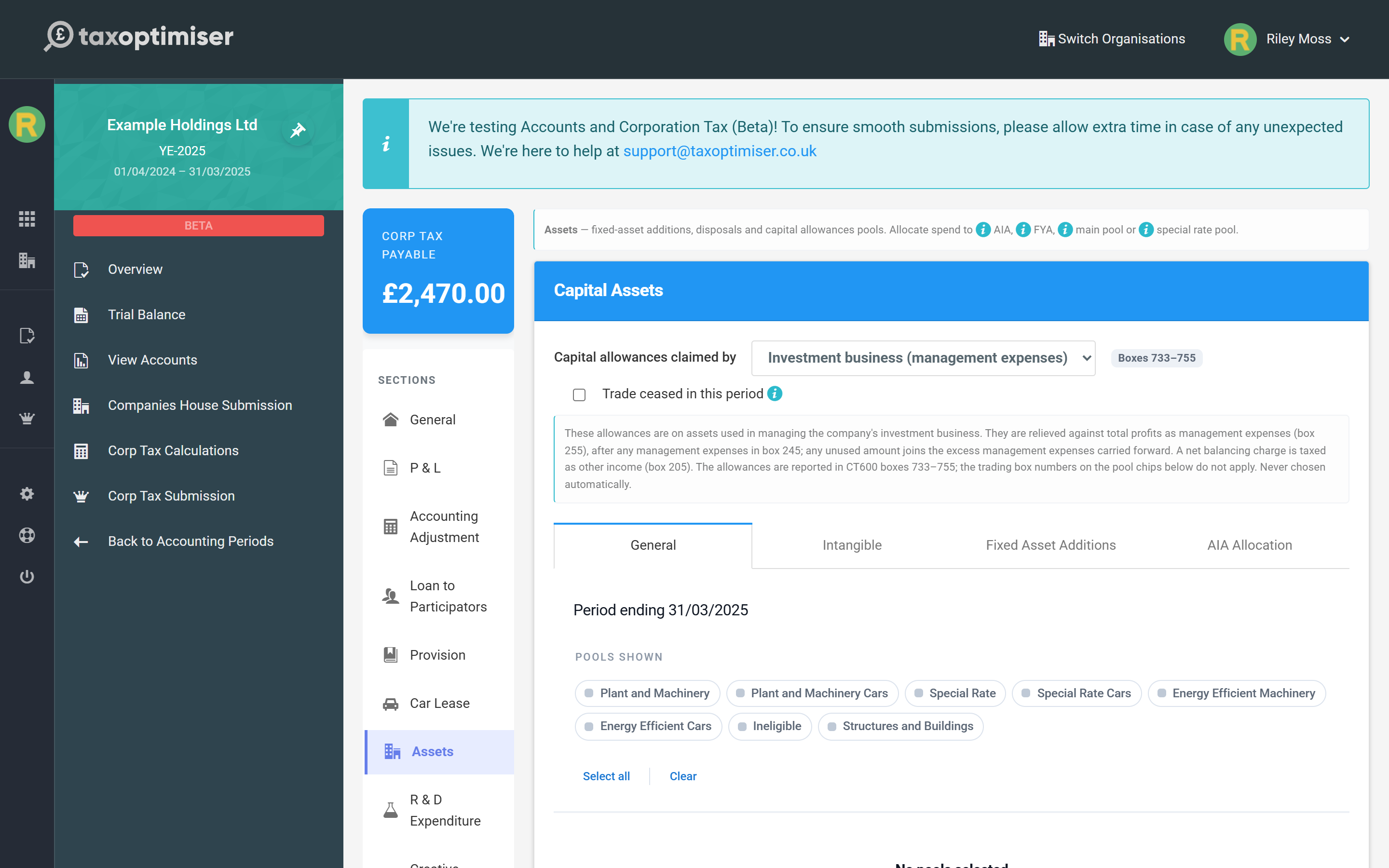 The Assets section with Capital allowances claimed by set to Investment business (management expenses) and the explanatory note