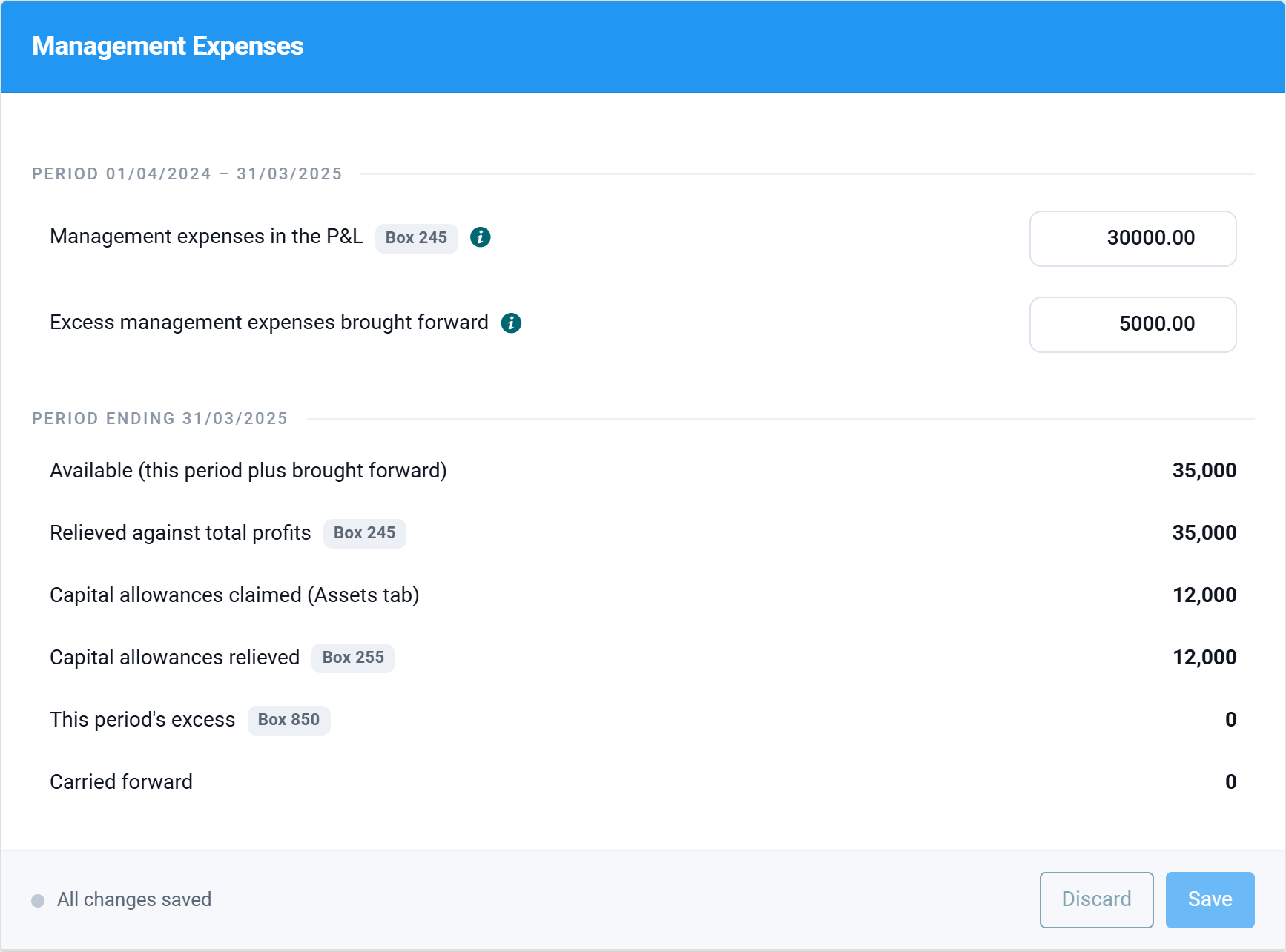 The Management Expenses section with 30,000 of expenses, 5,000 brought forward, 35,000 relieved in box 245 and 12,000 of capital allowances relieved in box 255