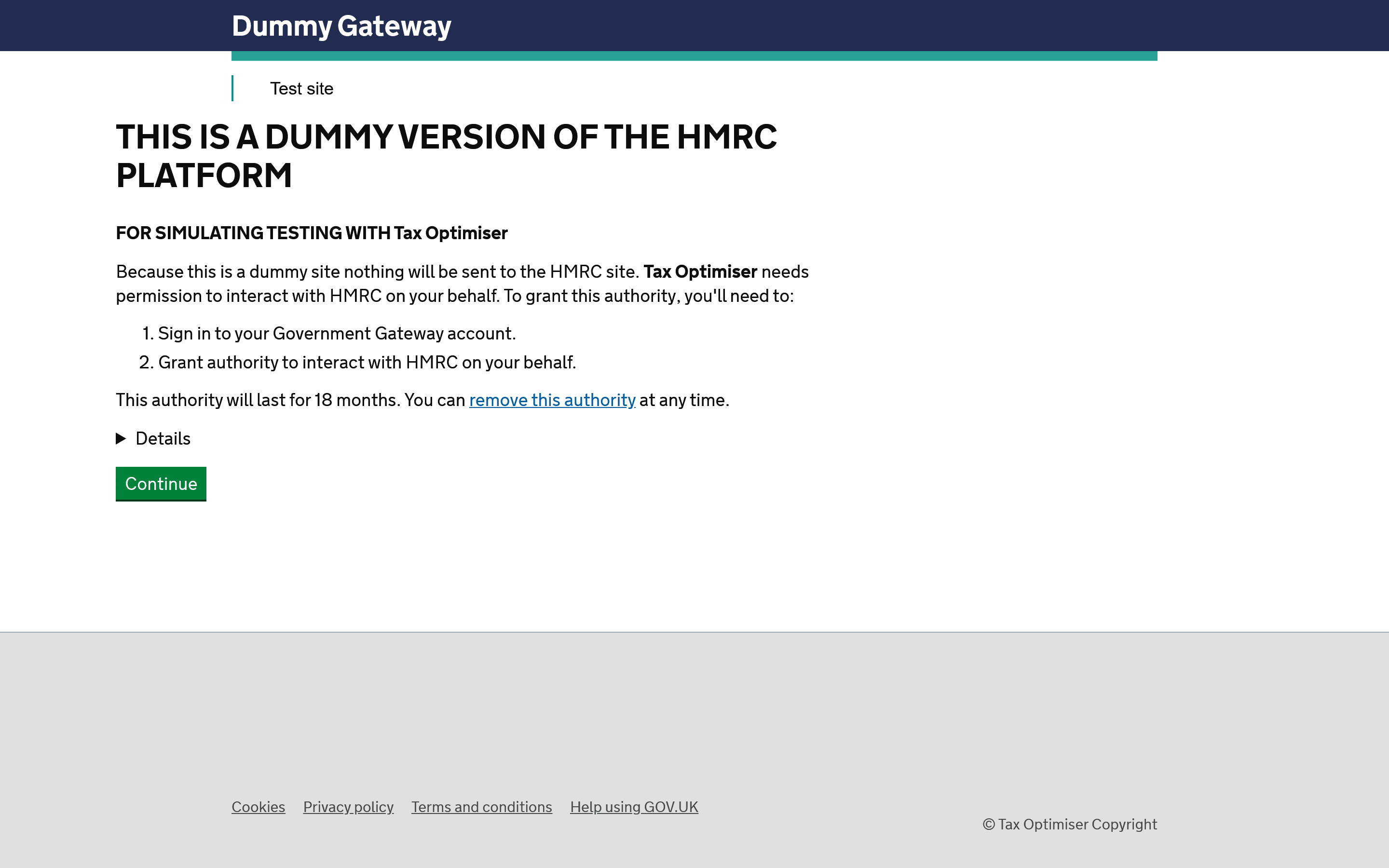 The HMRC authorisation screen: sign in to your Government Gateway and grant authority to interact with HMRC