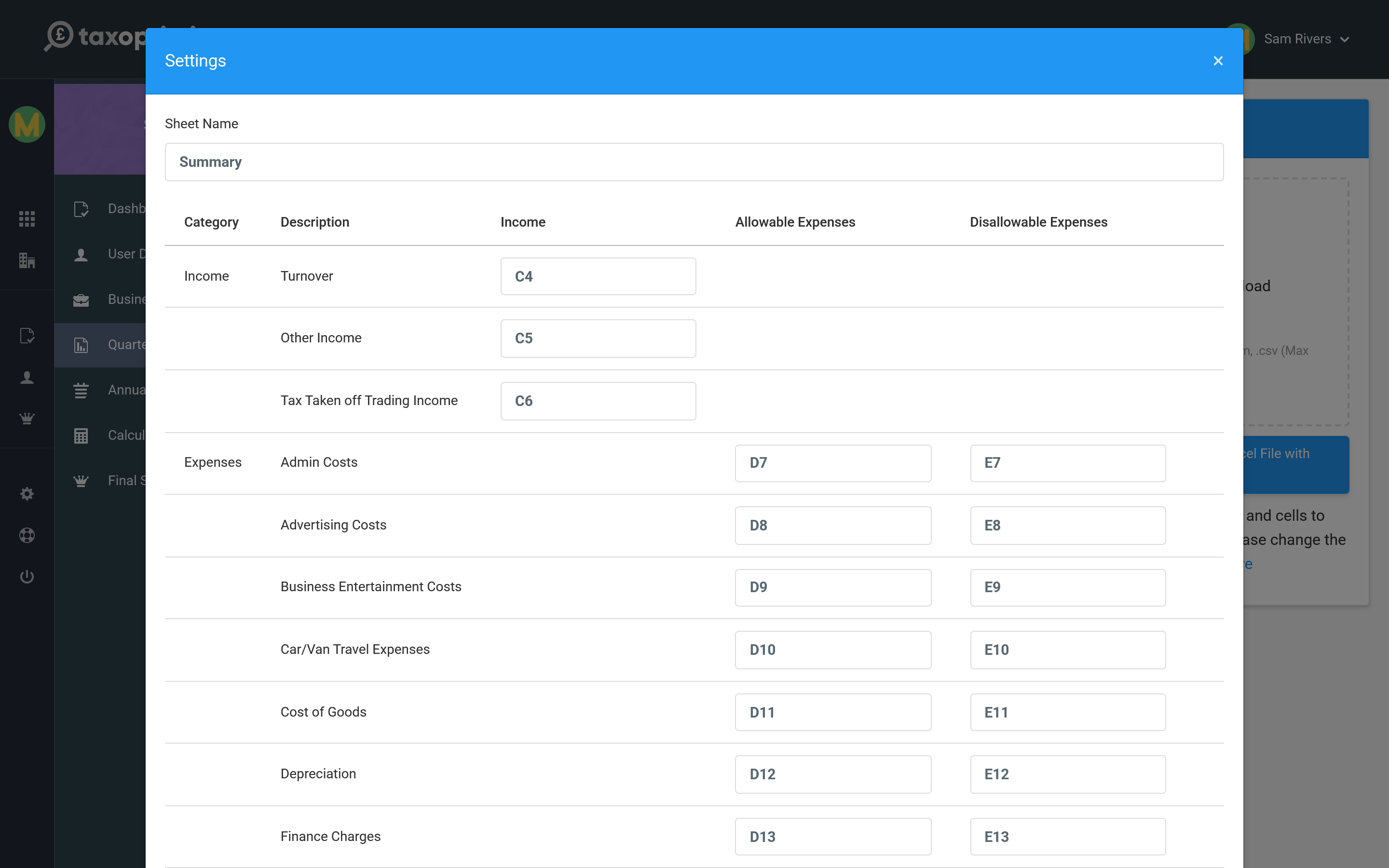 The settings dialog mapping each income and expense category to a sheet name and cell reference