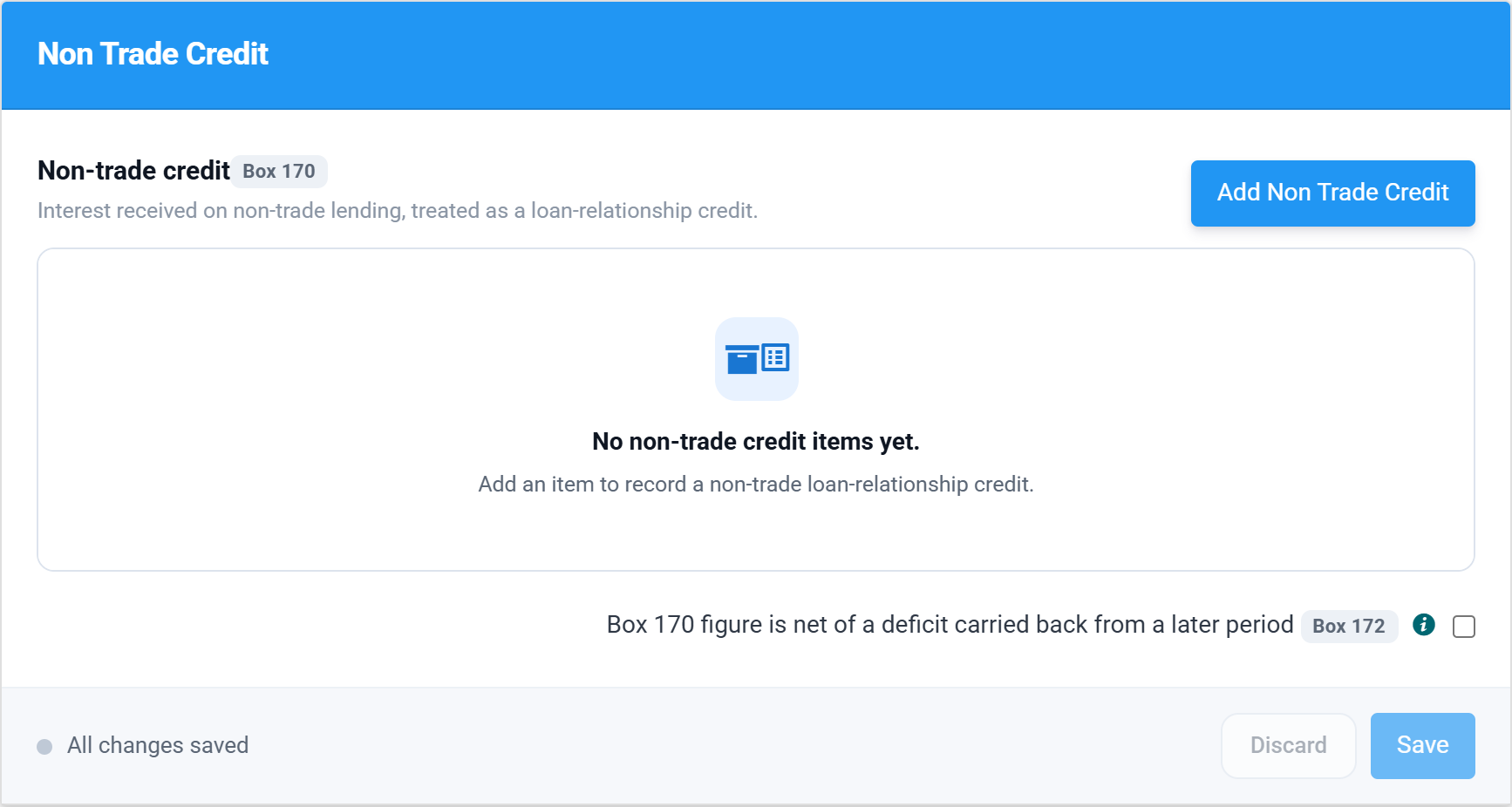 The empty Non Trade Credit section with its Box 170 chip, an Add Non Trade Credit button and the box 172 tick box