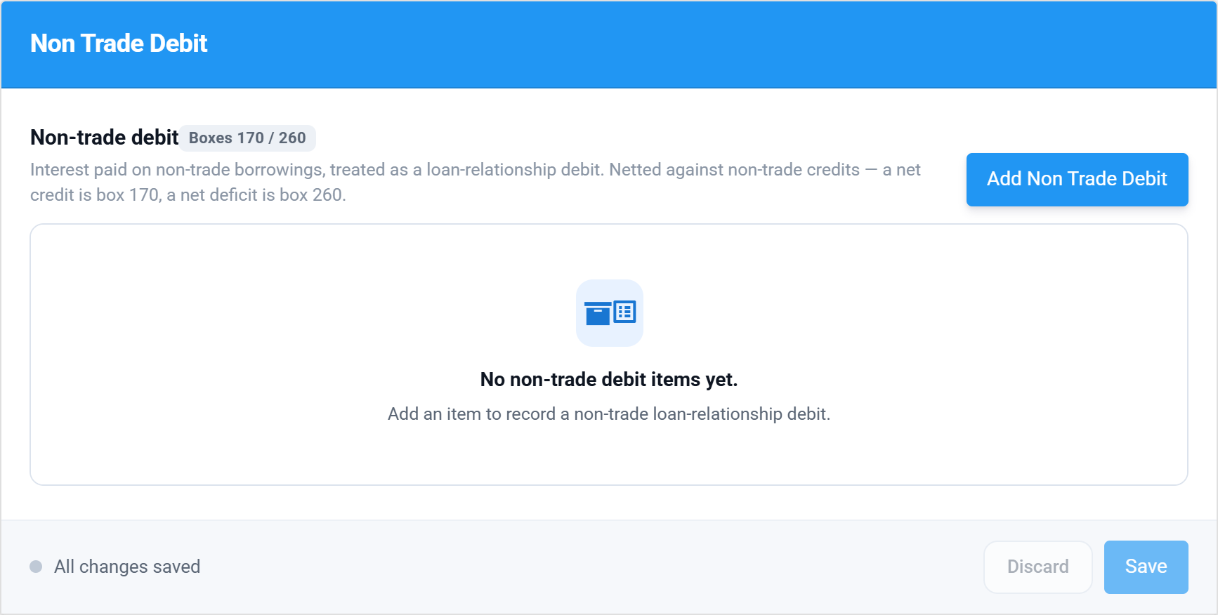 The empty Non Trade Debit section with its Boxes 170 / 260 chip and an Add Non Trade Debit button
