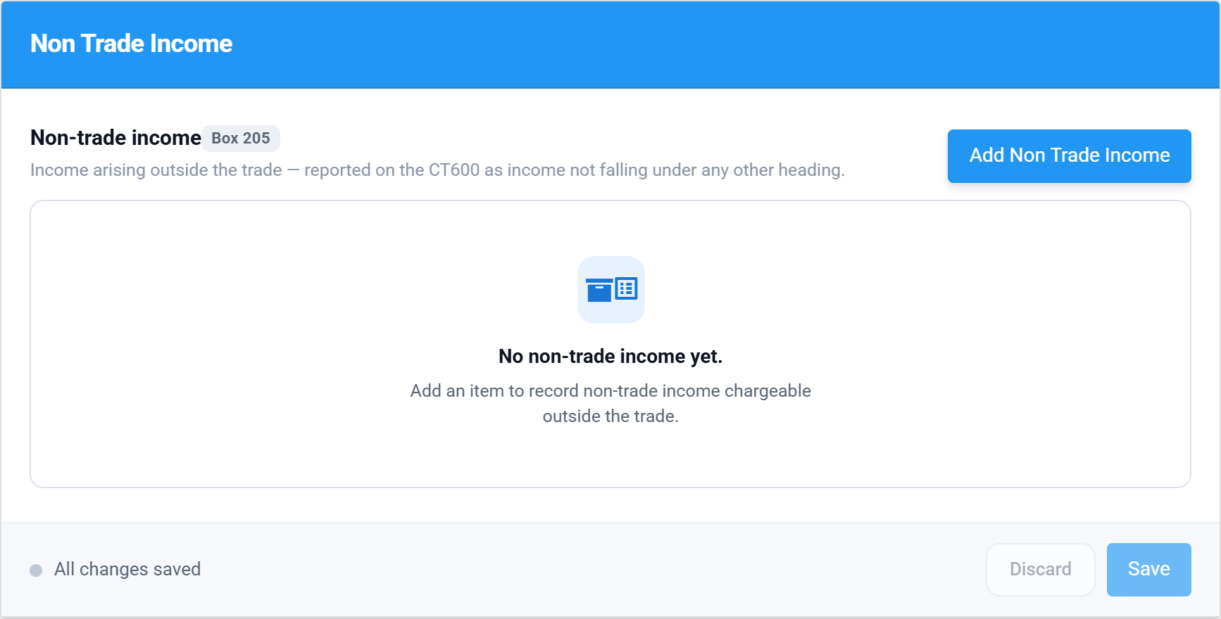 The empty Non Trade Income section of the Corp Tax workspace with its Box 205 chip and an Add Non Trade Income button