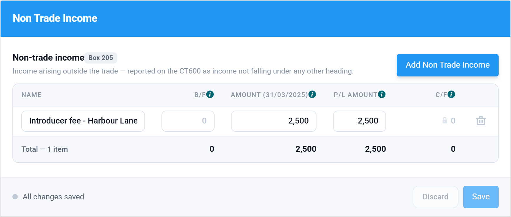 The Non Trade Income grid with one row: an introducer fee of 2,500 in both the Amount and the P/L Amount columns