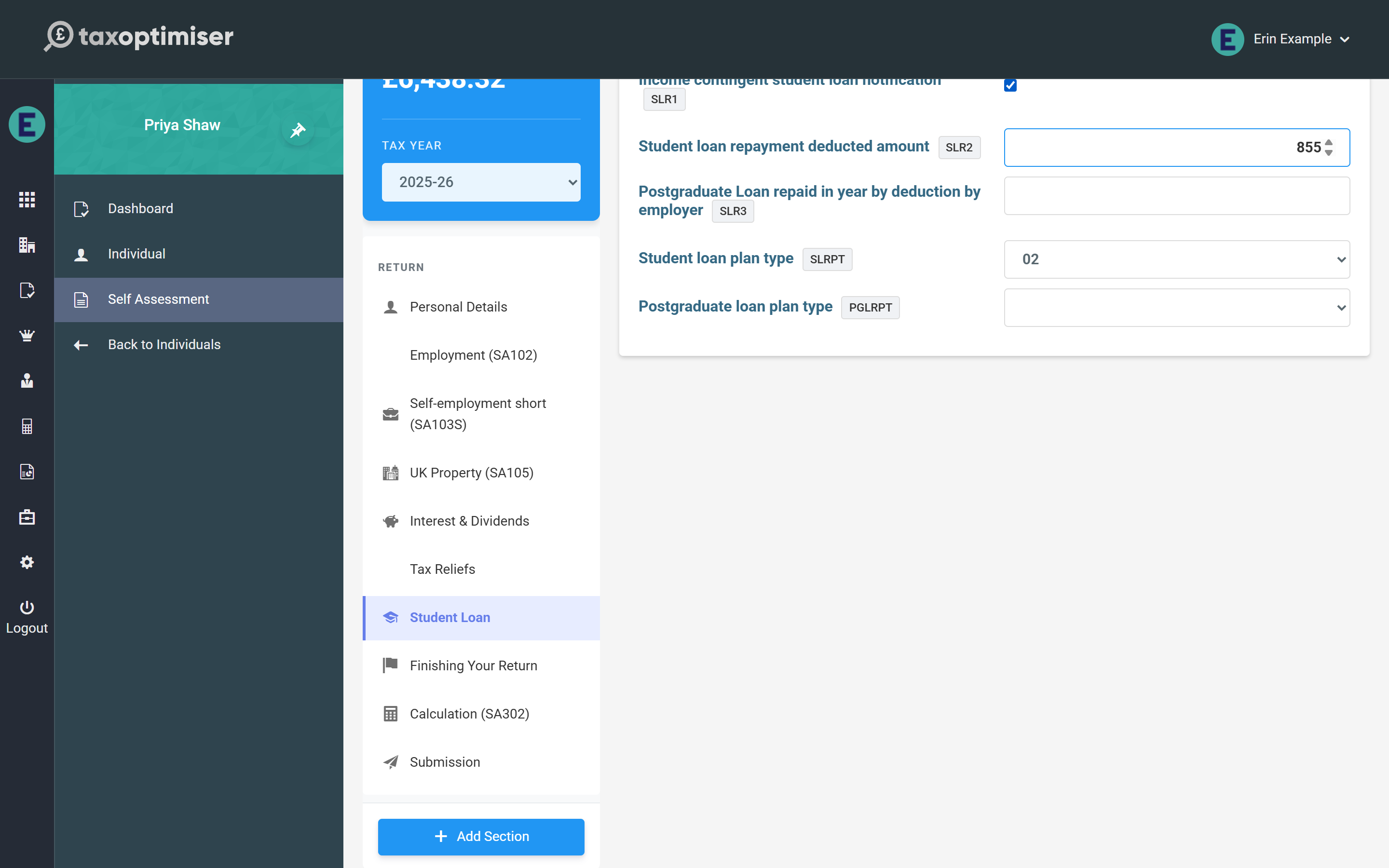 The Student Loan section: notification, plan type and amount already deducted through PAYE
