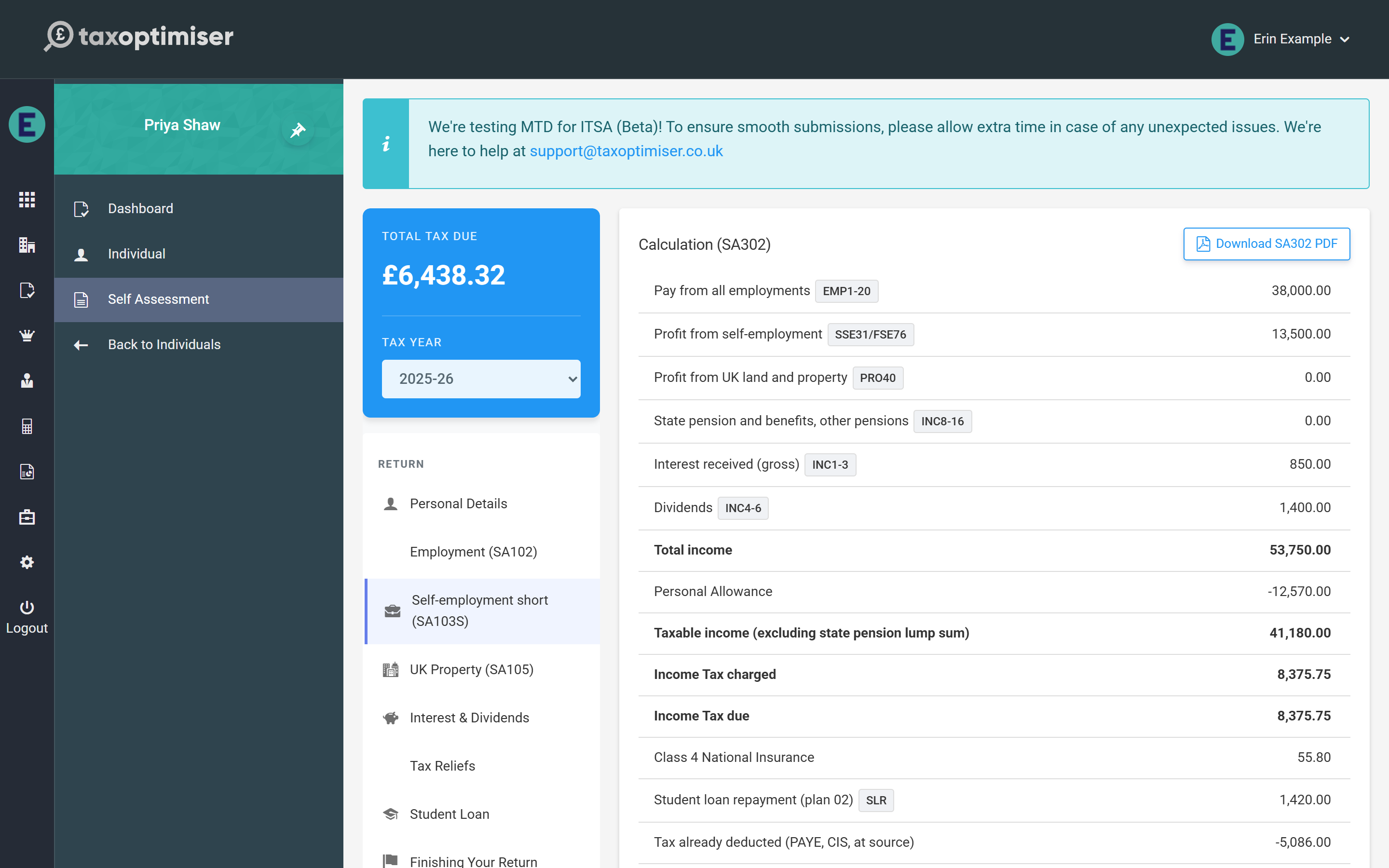 The Calculation section: income by type with box references, allowances, Income Tax, Class 4 NIC, student loan, tax deducted, the balancing payment and payments on account