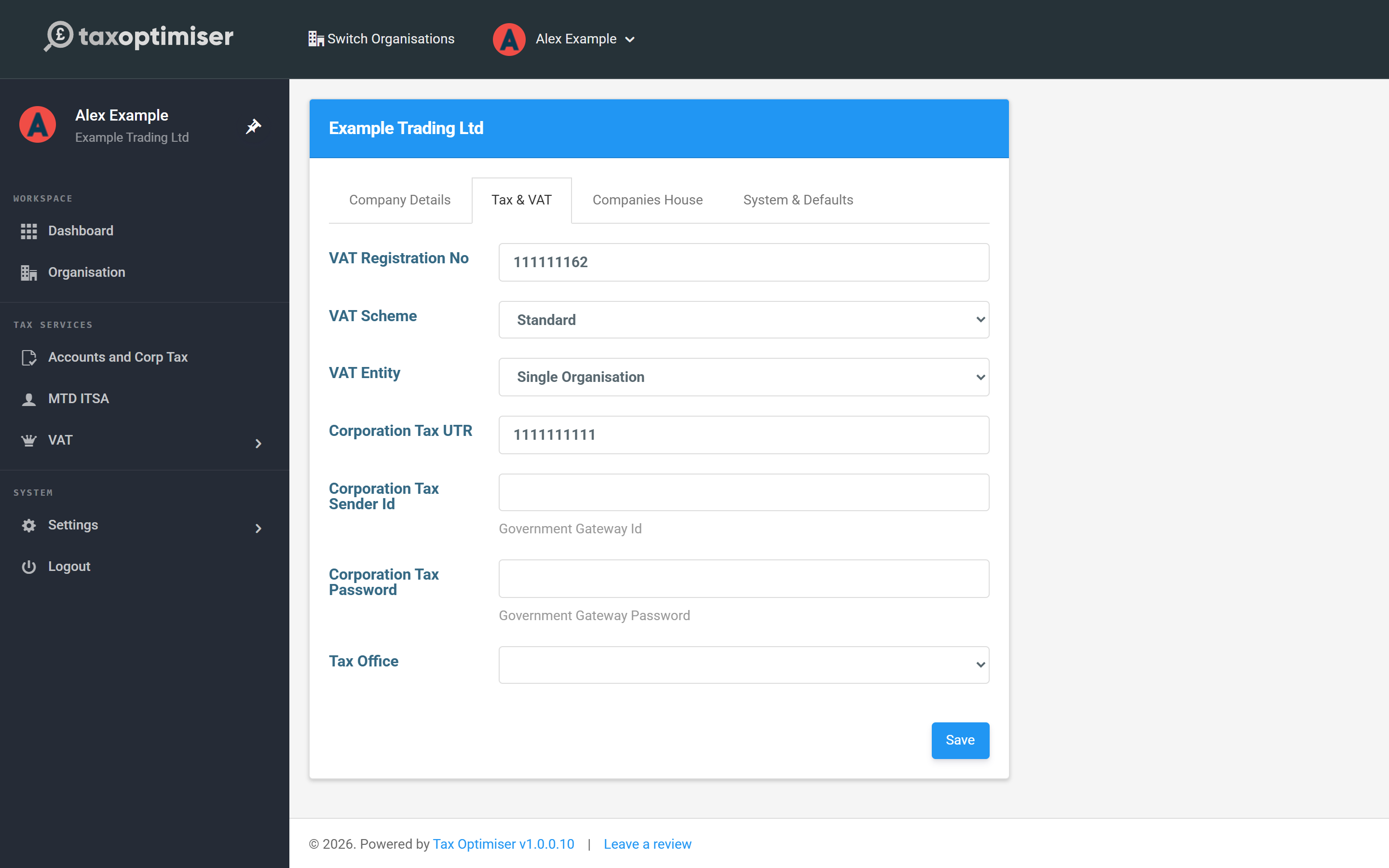 Organisation settings, Tax & VAT tab, with the VAT Registration No, VAT Scheme and VAT Entity fields