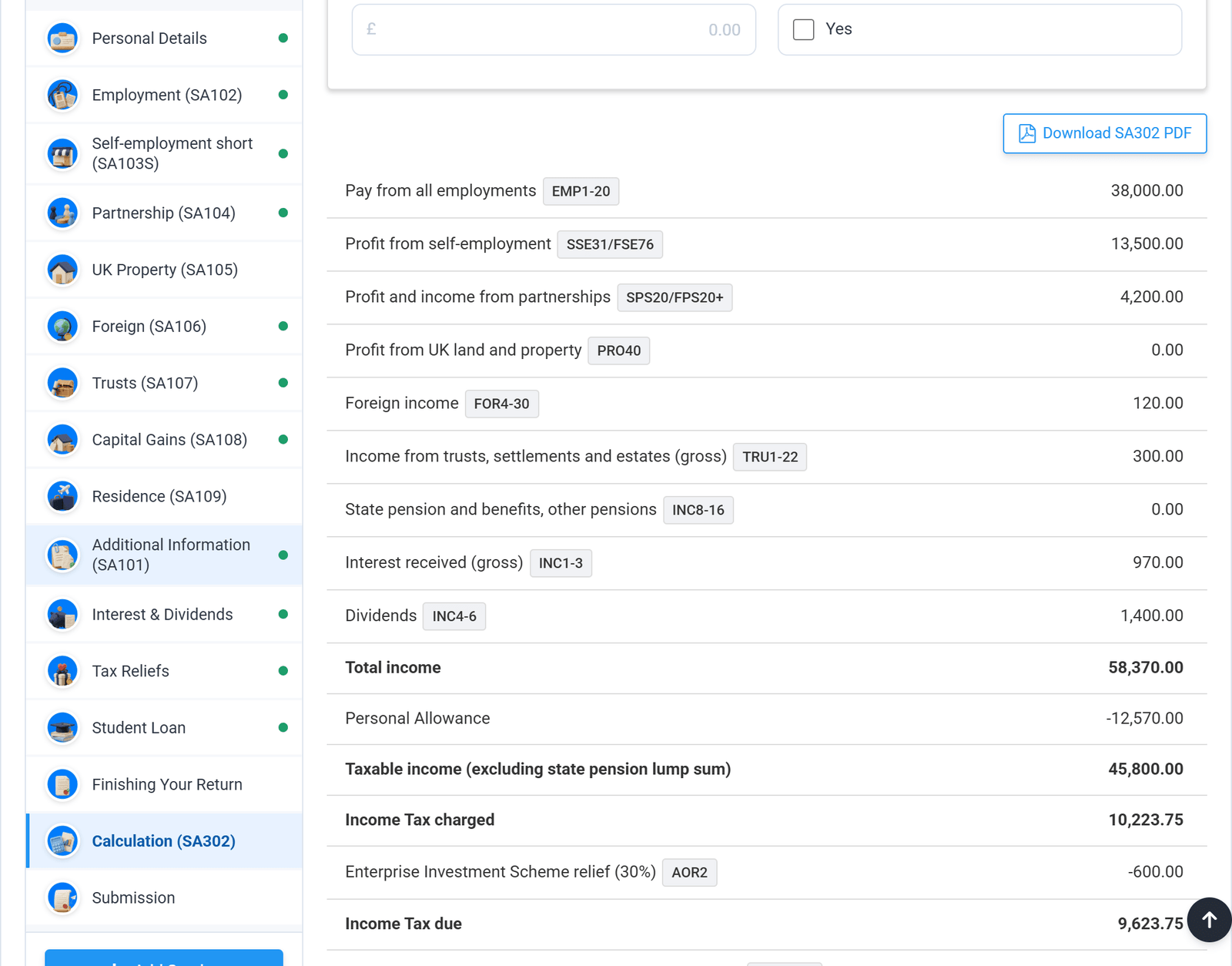 SA302-style calculation listing pay from employments, self-employment and partnership profit, foreign and trust income, interest and dividends, total income of £58,370, the Personal Allowance and Income Tax due
